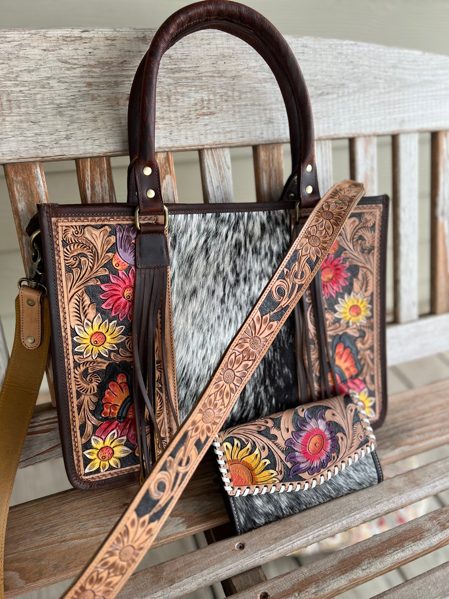 Hand Tooled Leather + Genuine Cowhide Conceal Carry Handbag & Wallet Set