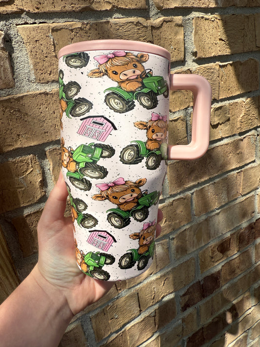Pink Highland Cow Tractor Stainless 20 oz Tumbler