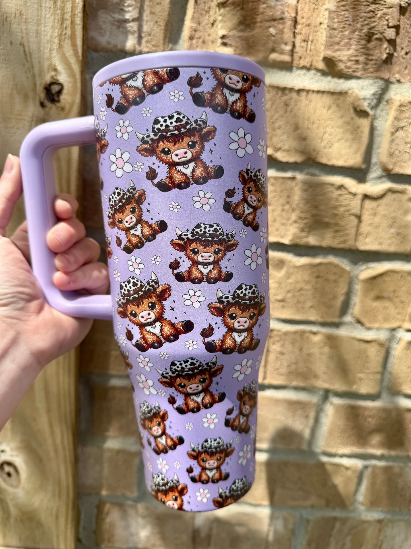 Lavender Highland Cow 40 oz Stainless Tumbler with Flip Top Straw Lid