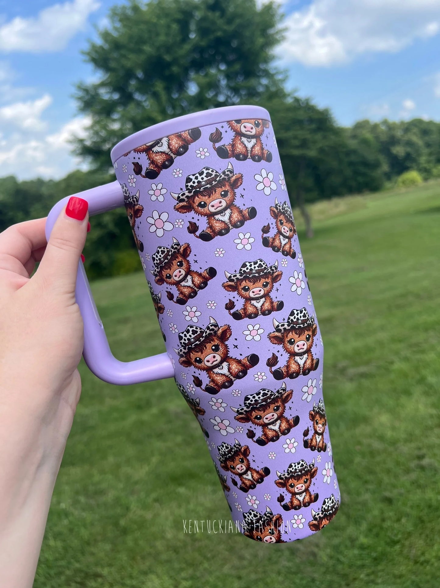 Lavender Highland Cow 40 oz Stainless Tumbler with Flip Top Straw Lid