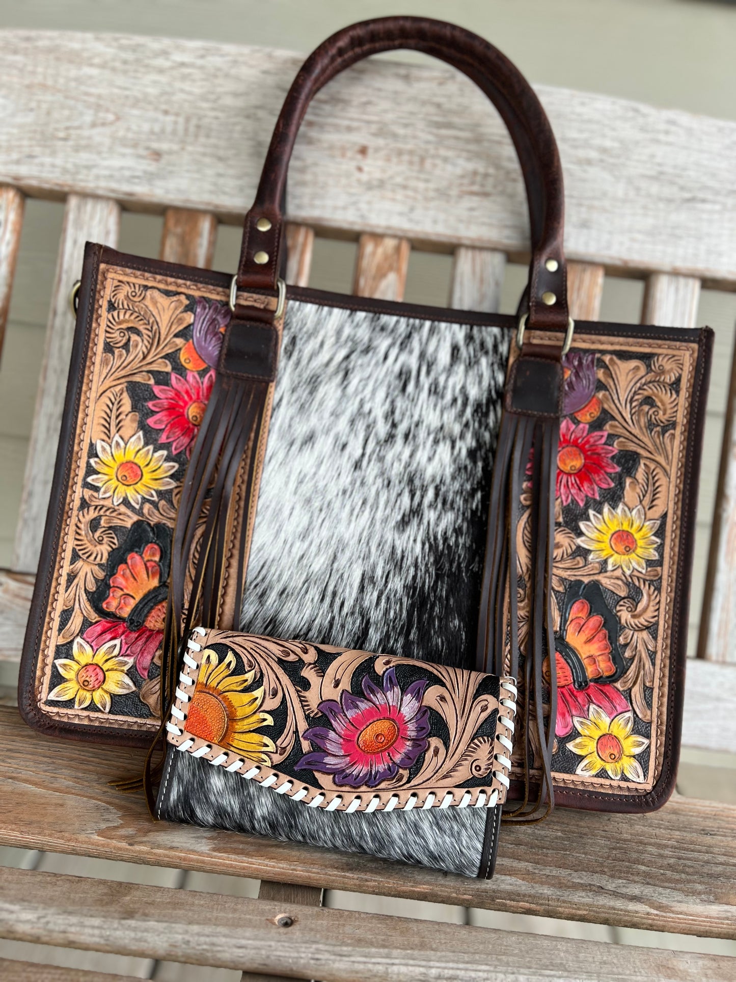 Hand Tooled Leather + Genuine Cowhide Conceal Carry Handbag & Wallet Set