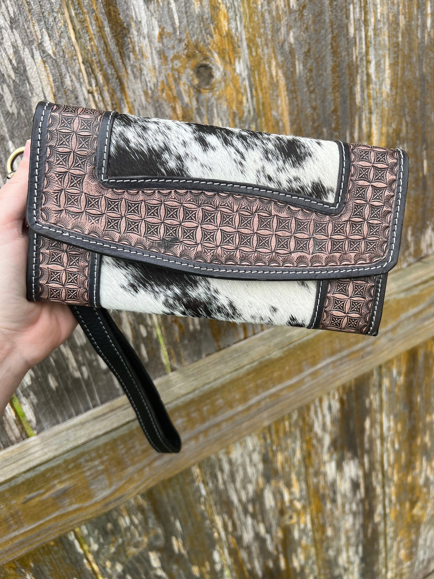 Classic Hand Tooled Leather Wristlet Wallet + Salt & Pepper Hair on Cowhide