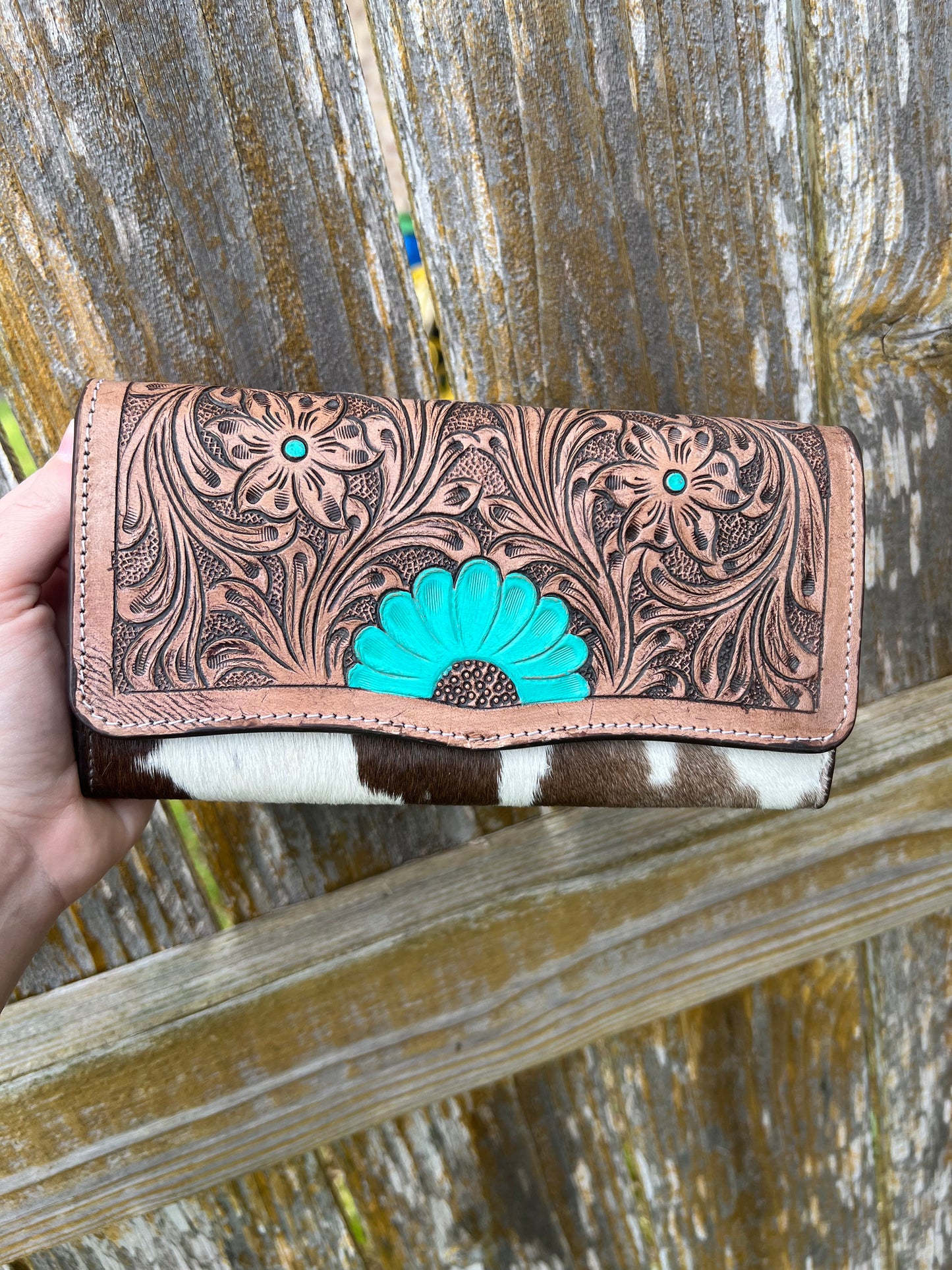 Turquoise Daisy Hand Tooled Leather + Hair on Hide Wallet