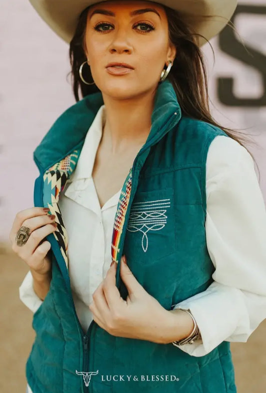 Womens Teal Puffer Boot Stitch Embroidered Vest