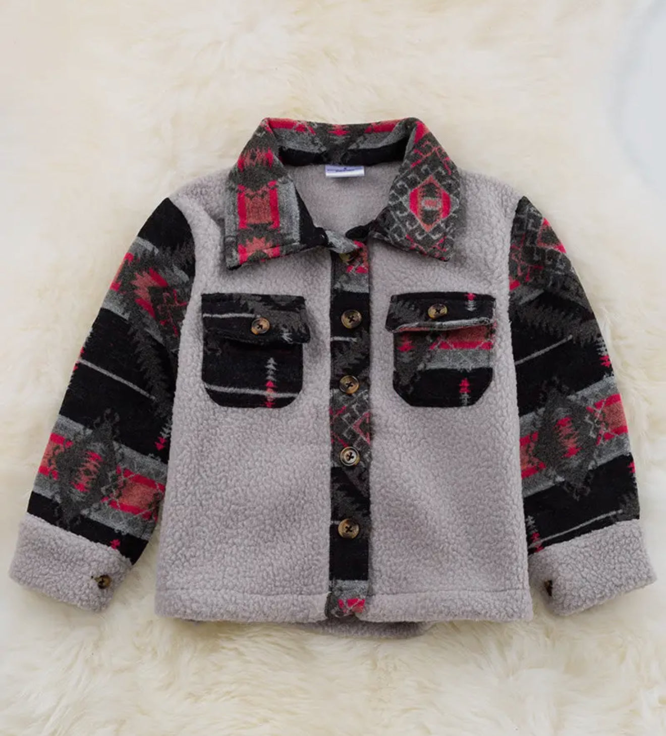 Grey & Red Aztec Sherpa Collared Button Up Shacket