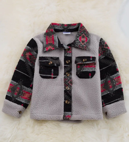 Grey & Red Aztec Sherpa Collared Button Up Shacket