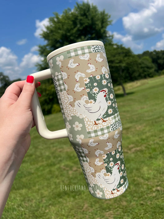 Patchwork Boho Chickens 40 oz Stainless Tumbler with Flip Top Straw Lid