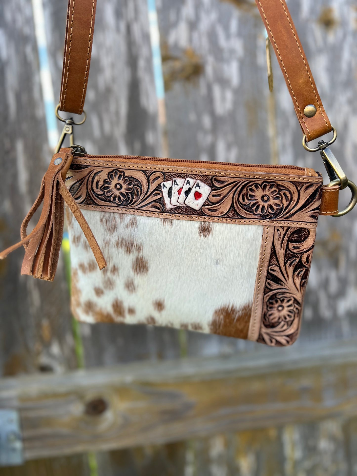 Aces Mini Tooled & Hair on Hide Crossbody/Wristlet