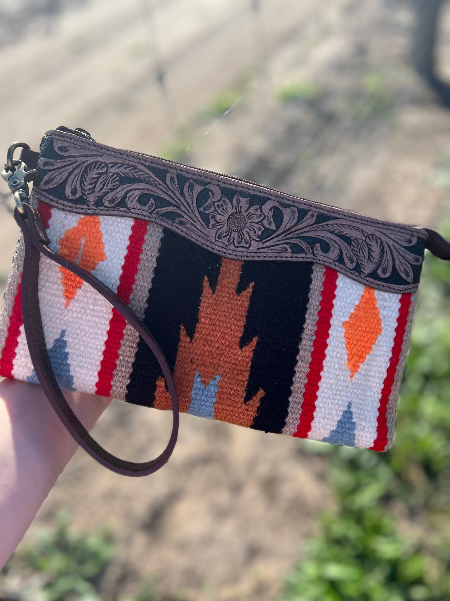 Southwestern Aztec Tooled Leather Wristlet