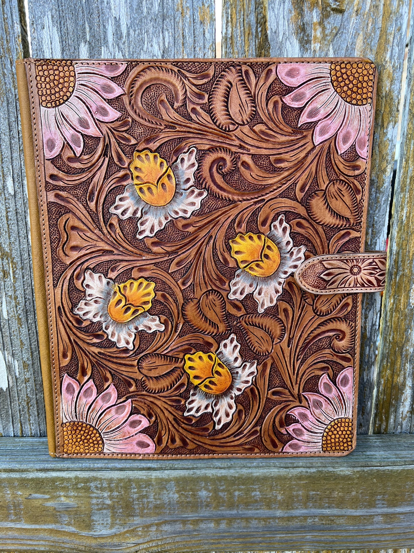 Daisies & Lillies Hand Tooled Leather Portfolio