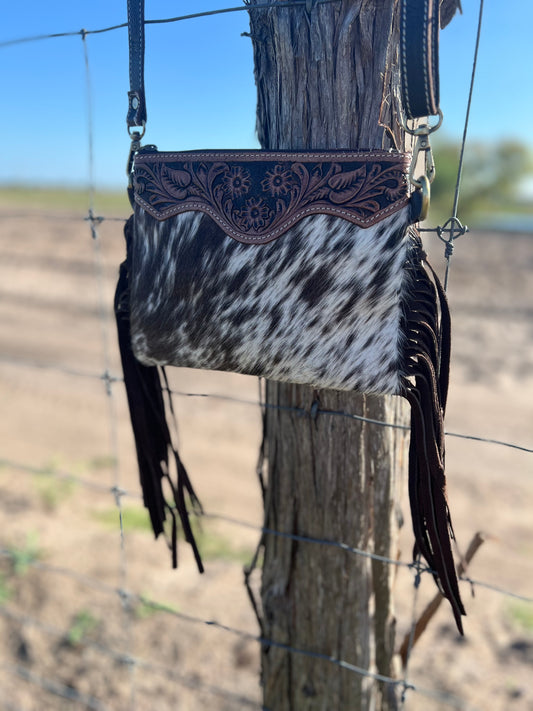 Hand Tooled Leather + Cowhide Fringe Crossbody