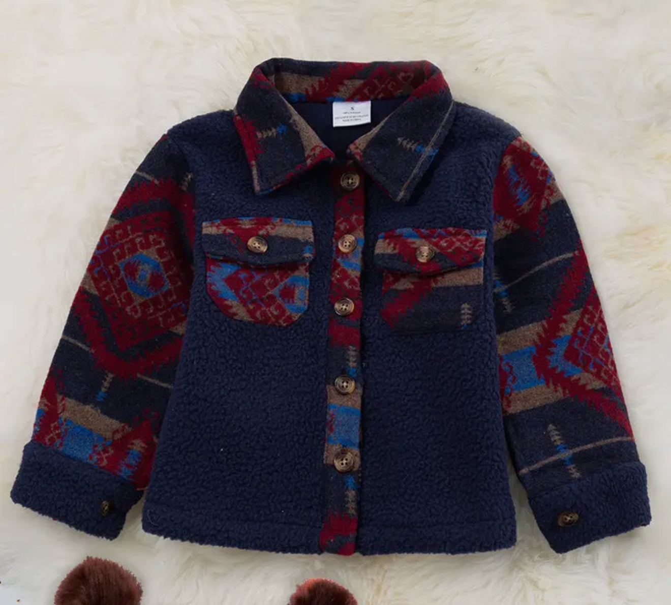 Navy Blue & Red Aztec Sherpa Collared Button Up Jacket