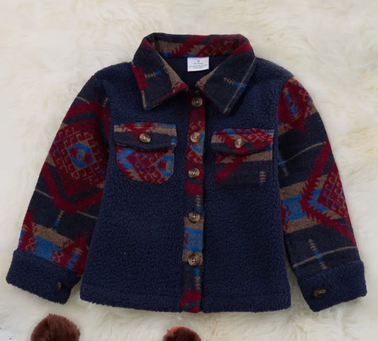 Navy Blue & Red Aztec Sherpa Collared Button Up Jacket
