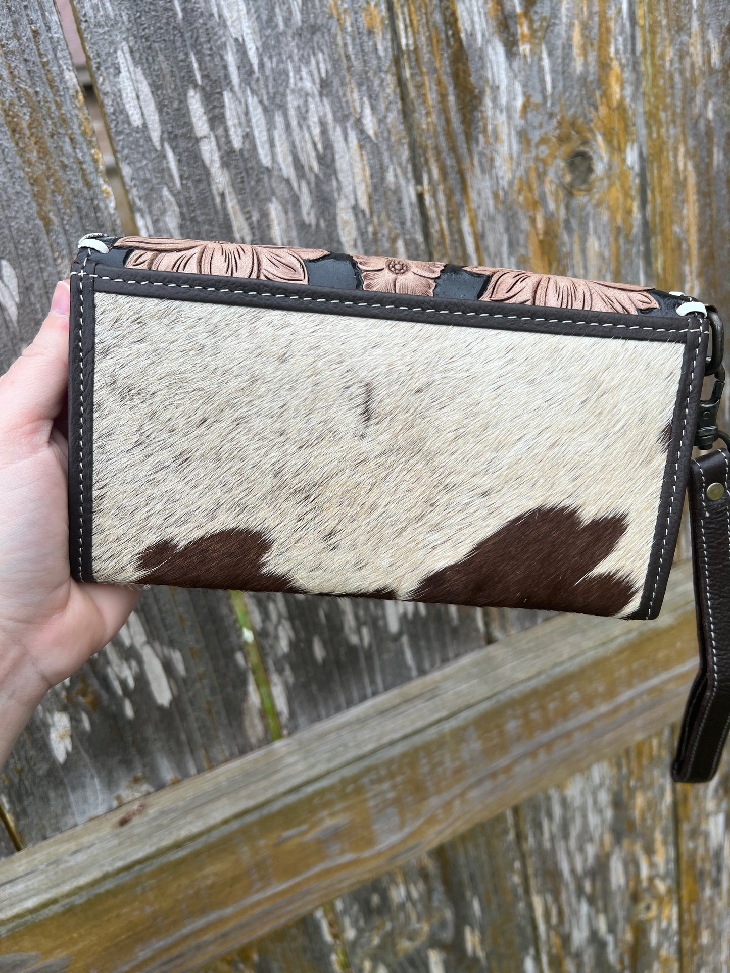 Floral Tooled Leather + Hair on Hide Wristlet Wallet