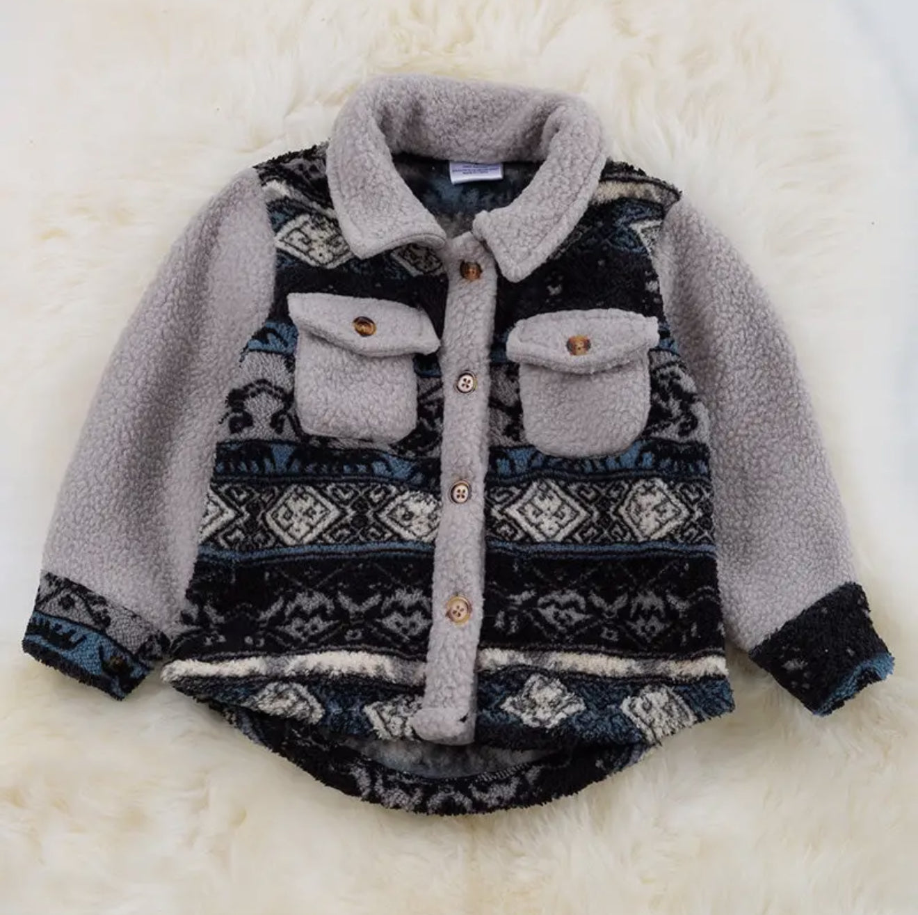 Black & Grey Aztec Sherpa Collared Button Up Jacket