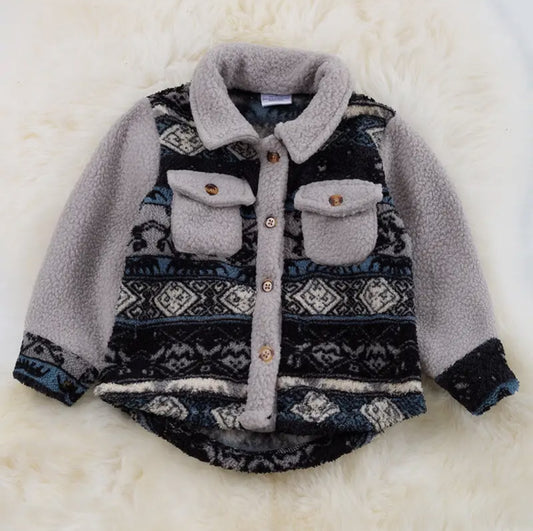 Black & Grey Aztec Sherpa Collared Button Up Jacket