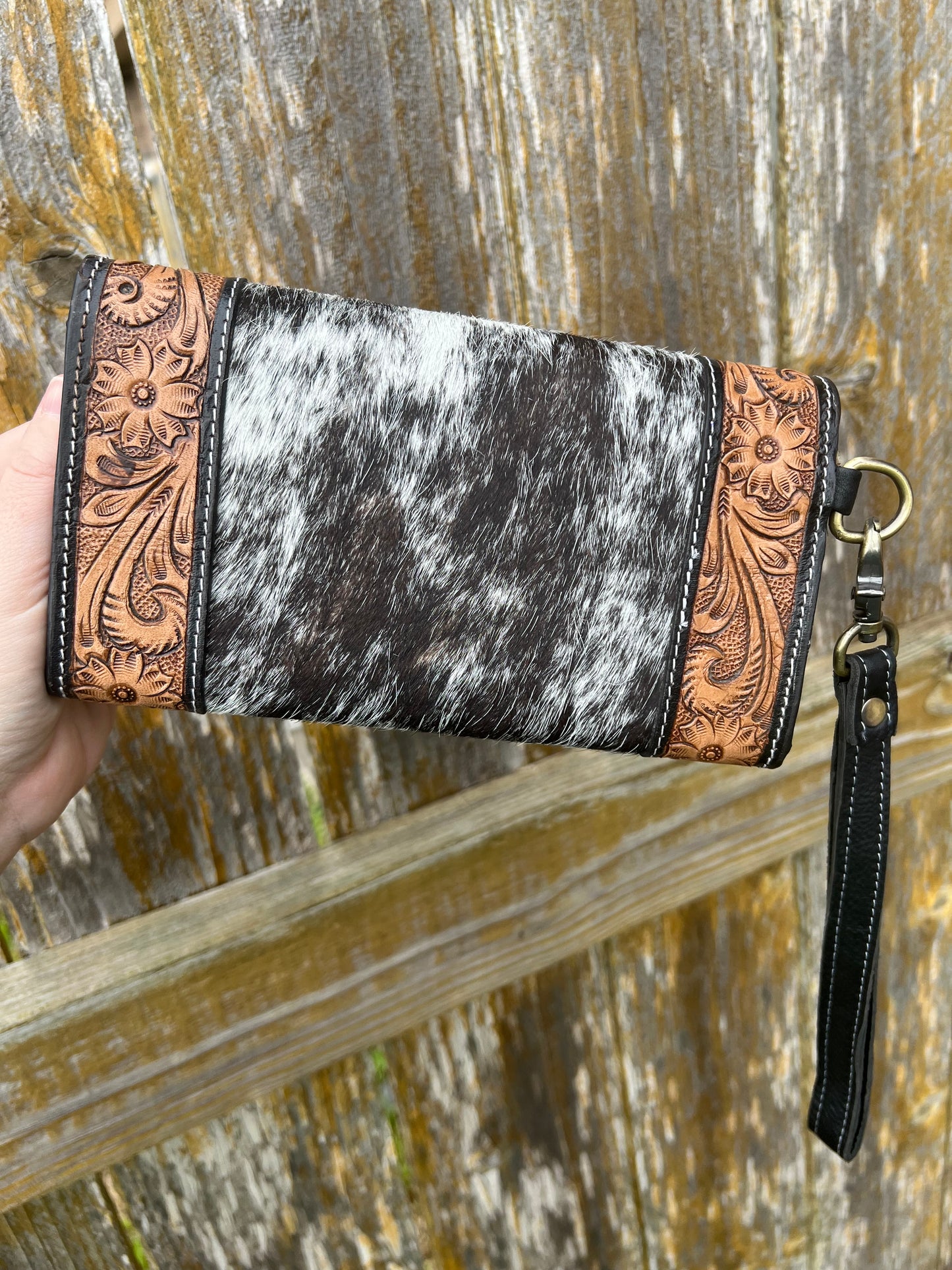 Classic Salt & Pepper Cowhide Tooled Wallet Wristlet