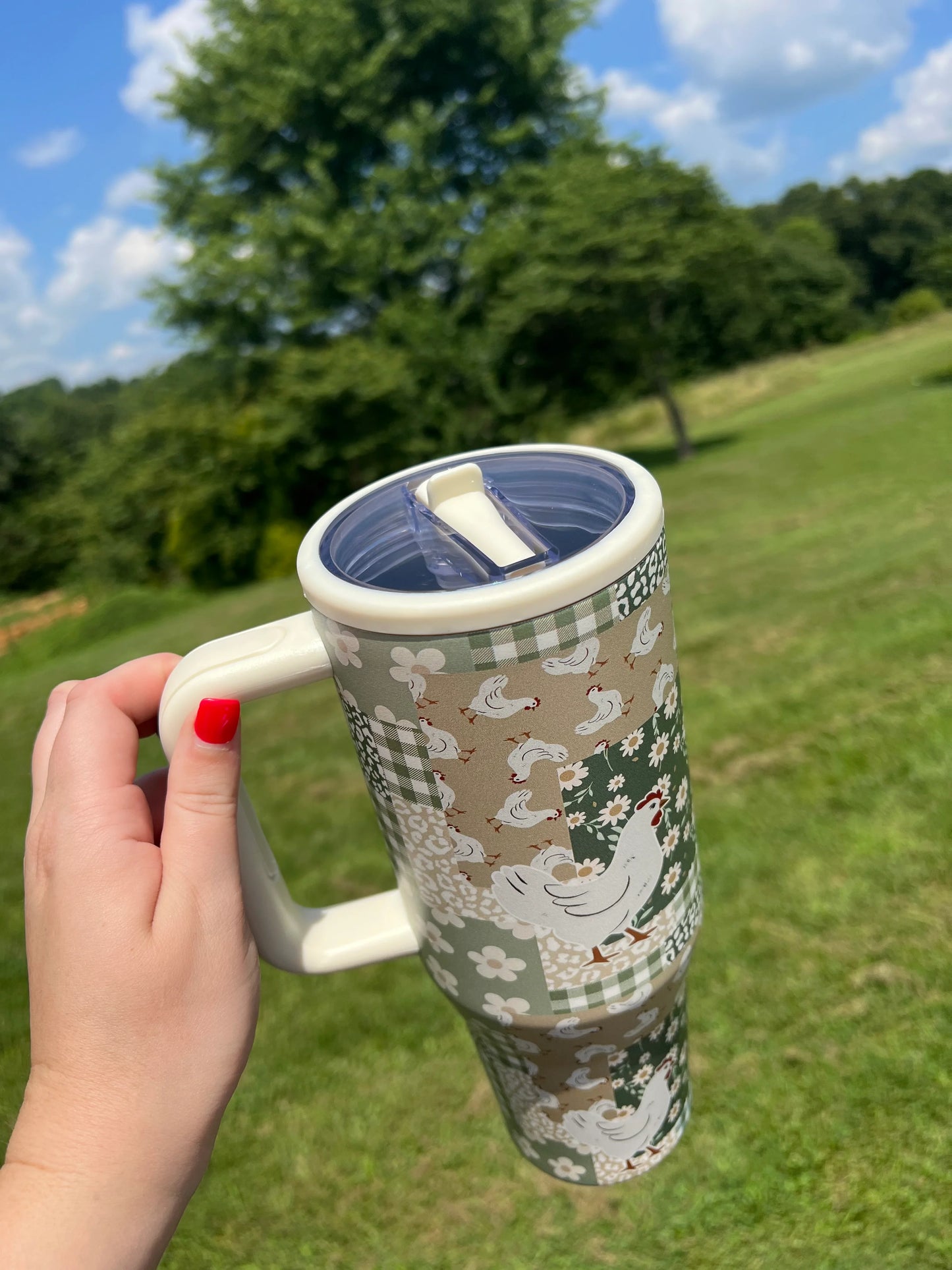 Patchwork Boho Chickens 40 oz Stainless Tumbler with Flip Top Straw Lid