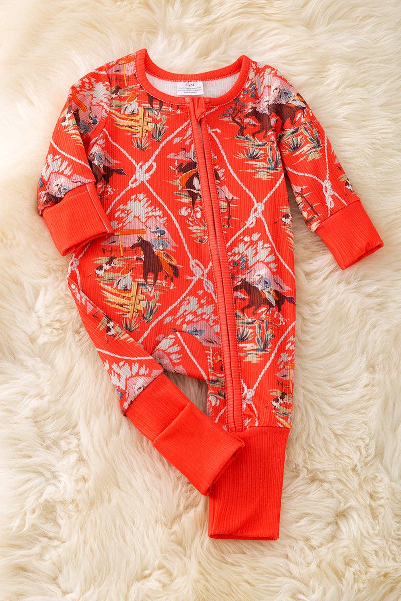 Vintage Western Toile | Red Orange Western Baby Zipper Onesie