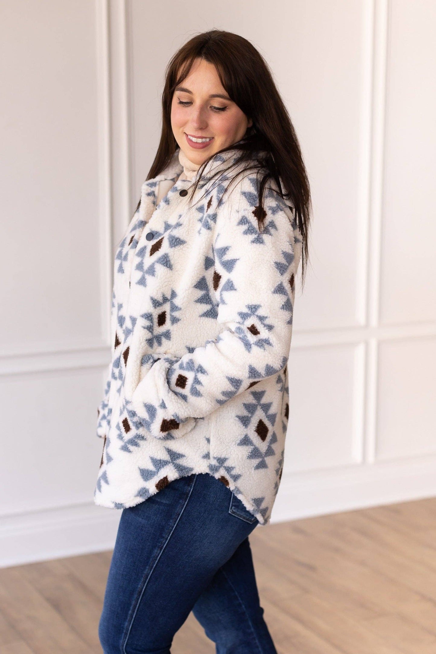 Ivory Aztec Pattern Button Down Sherpa Jacket
