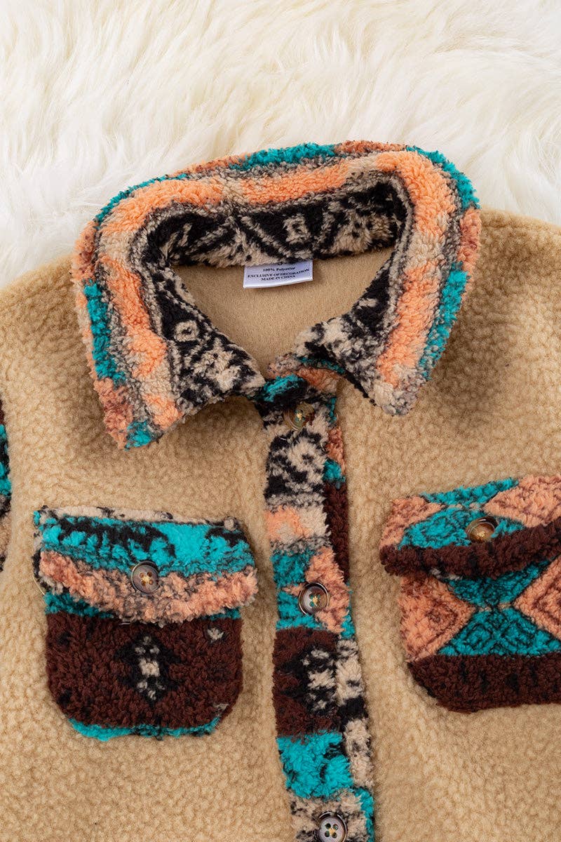Tan & Turquoise Aztec Sherpa Shacket Button Up
