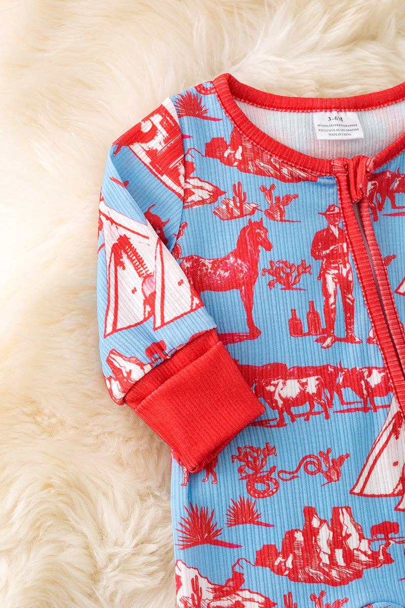 On the Trail | Blue & red western baby onesie w/zipper