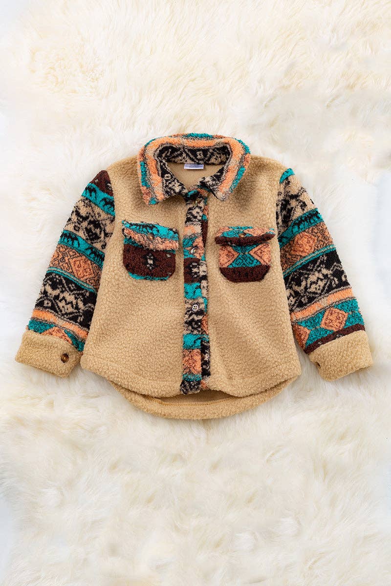 Tan & Turquoise Aztec Sherpa Shacket Button Up
