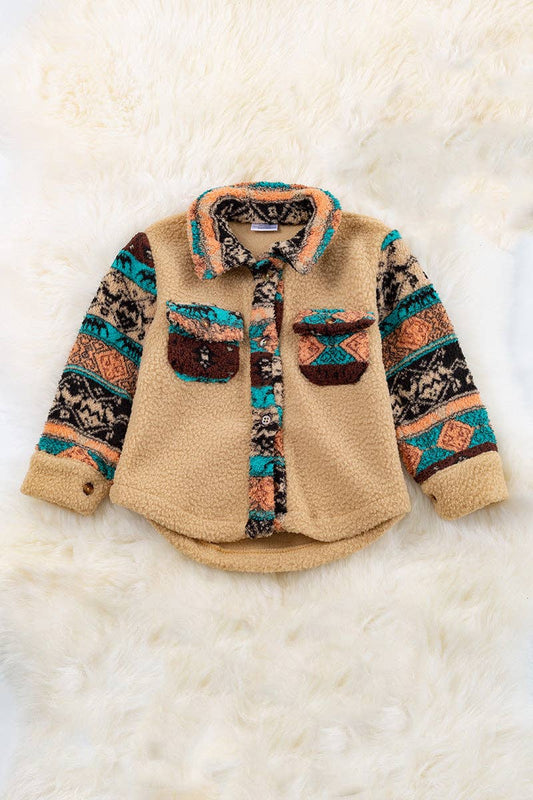 Tan & Turquoise Aztec Sherpa Shacket Button Up